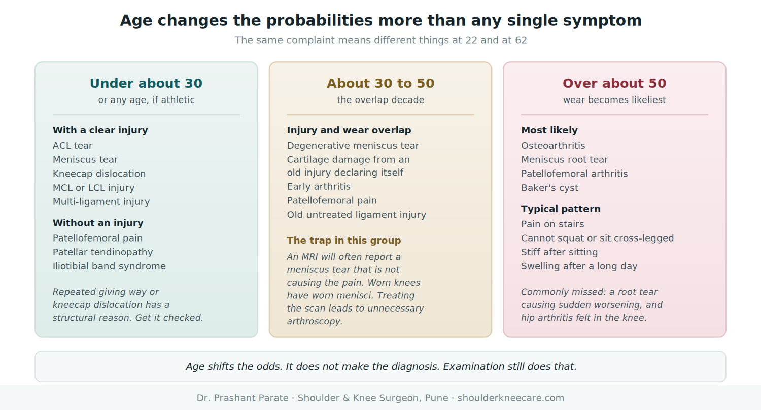 Likely causes of knee pain by age group: under 30, 30 to 50, and over 50