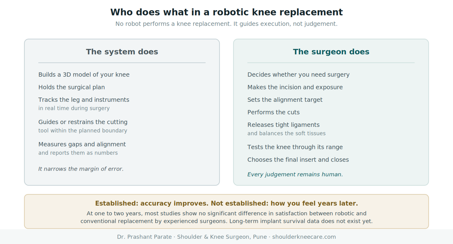 Who does what in robotic knee replacement: the system guides execution, the surgeon makes every judgement